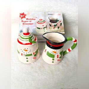 Vtg Edge Vantage Christmas Ceramic Snowman Holiday Creamer + Sugar Set.